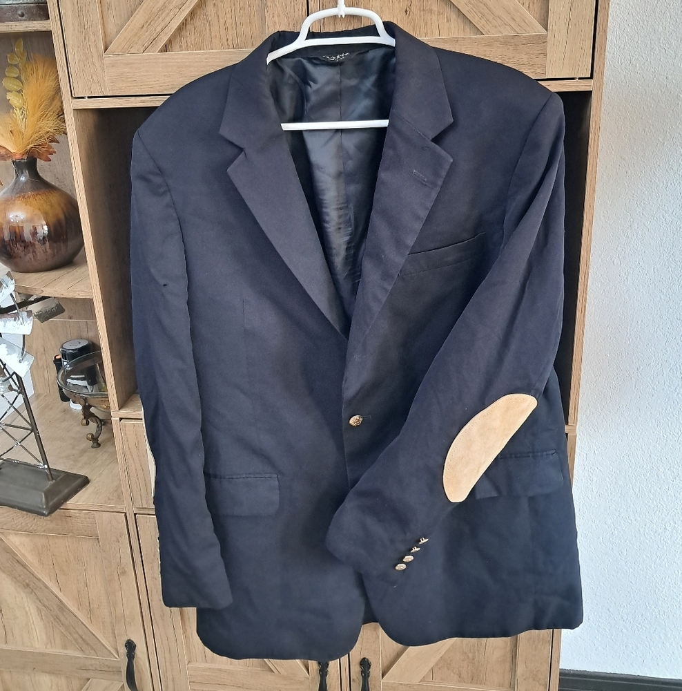 Jos A Bank Sport Coat Men's 44L Navy Blue 100% Wool Blazer Suede Elbow Patches